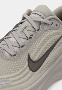 Light grey Nike running shoe with textured fabric, black swoosh logo, and "Lanero PLUS" label on padded tongue.