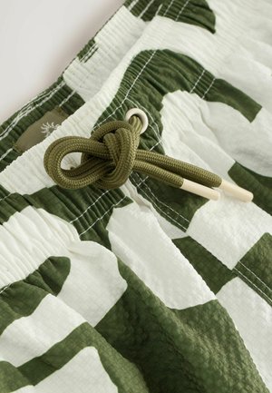 Costumi da bagno verde e bianco con motivo, realizzati in un tessuto testurizzato, con vita elasticizzata e cordino regolabile con punte beige.