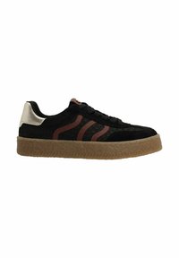 Black suede sneaker with a rubber sole, featuring red stripes and a silver accent at the heel. Textured upper with a classic lace closure.