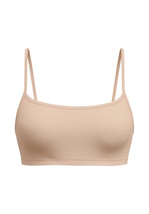 Naadloze naakte bralette met dunne verstelbare bandjes, zachte textuur, lichtgewicht stof en een zachte band onderaan. Minimalistisch ontwerp.