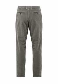 Grijze corduroy broeken met een rechte snit. Heeft twee achterzakken met knoopsluitingen, ribbelstructuur en een tailleband met riemlussen.