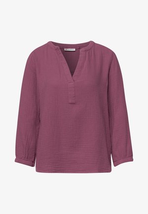 Bluzka z długim rękawem w kolorze mauve z teksturowaną tkaniną, dekoltem w serek i luźnym krojem, z małym stojącym kołnierzykiem i mankietami.
