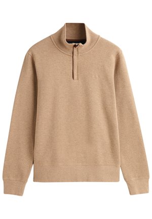 Tan kleur pullover sweatshirt met een hoge kraag en ritssluiting. Gemaakt van zacht materiaal, met ribbels aan de manchetten en onderrand voor een comfortabele pasvorm.