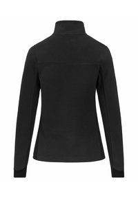 Giacca di fleece nera con colletto alto, texture liscia, maniche lunghe e un design semplice e pulito privo di hardware visibile o motivi.