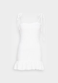Vestido mini branco com franzido, alças finas, decote com babados e barra rodada. Feito de um tecido leve, com superfície texturizada.