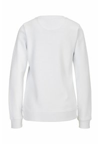 Weißes Sweatshirt mit langen Ärmeln, Rundhalsausschnitt und gerippten Bündchen. Glatte Textur, keine sichtbaren Muster oder Akzente. Nur Rückansicht.