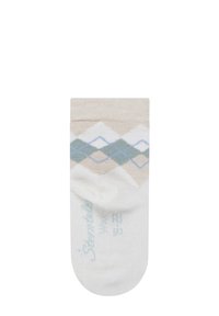 Soft white sock with beige, green, and blue argyle pattern near cuff, folded flat against white background.