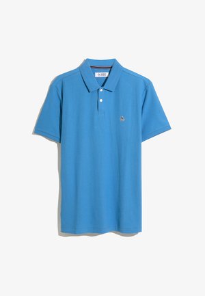 Blaues Poloshirt aus strukturiertem Stoff, mit klassischem Kragen, drei Knöpfen und einem kleinen Logo auf der Brust.