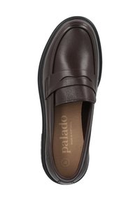 Mocassino in pelle marrone con suola nera, punta tonda e fascia per penny, etichettato "Palado" all'interno, taglia 37, prodotto in Portogallo.