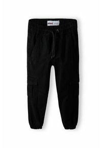 Pantalons cargos noirs avec taille élastique, cordon de serrage, poches latérales et chevilles resserrées. Fabriqués en tissu durable avec une texture lisse.