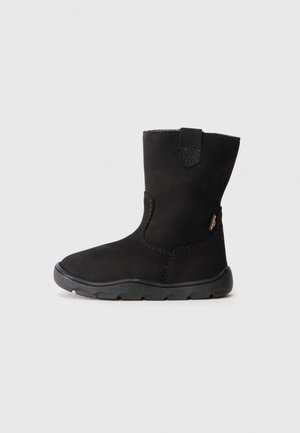 Black ankle boots made of suede with a smooth texture, rounded toe, and a rubber sole. Features a small pull tab at the back.
