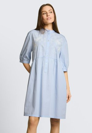 Femme portant une robe bleu clair jusqu'aux genoux avec des manches bouffantes aux coudes et une broderie florale sur la poitrine, debout devant un fond uni.