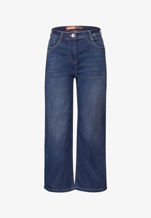 Džíny s širokými nohavicemi v tmavě modré barvě, s předními kapsami, zapínáním na knoflík a hladkým povrchem s jemnými detaily vyblednutí.