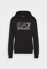 Felpa con cappuccio nera realizzata in morbido tessuto misto cotone. Presenta una tasca a marsupio, cappuccio con coulisse regolabile e un logo bianco audace sul petto.