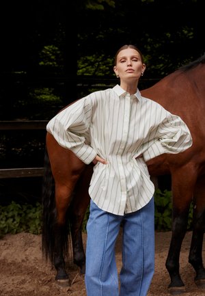 Žena v bielom pruhovanom tričku s dlhým rukávom a modrých džínsoch stojí s rukami na bokoch vedľa hnedého koňa vonku.