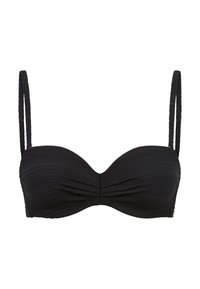 Schwarzes Bikinioberteil mit plissierter Textur, Bandeau-Design, schlanken verstellbaren Trägern und einem zentralen Drehdetail vorne.