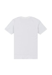 Bílý krátký rukáv crewneck tričko ležící na plocho, zobrazené ze zadní strany.