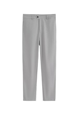 Pantalon homme gris clair avec passants de ceinture, bouton avant et coupe droite.