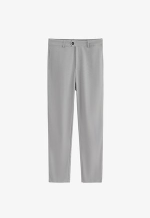 Pantalon homme gris clair avec passants de ceinture, bouton avant et coupe droite.