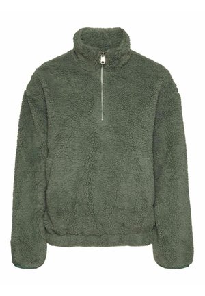Pull polaire duveteux vert foncé à manches longues, col montant et fermeture éclair argentée à l'avant s'étendant du col à la poitrine.