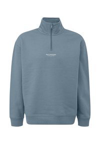 Felpa azzurro chiaro con collo alto e zip parziale. Presenta un logo testuale bianco sul petto. Tessuto morbido, polsini e orlo a costine.