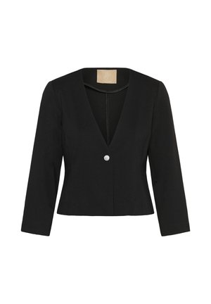 Veste noire courte avec un col en V profond, des manches longues et un bouton argenté en accent. Fabriquée en tissu texturé, avec un design épuré et ajusté.