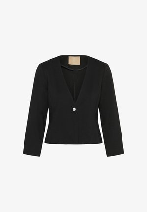 Čierna skrátená bunda s hlbokým výstrihom do V, dlhými rukávmi a strieborným gombíkom ako detailom. Vyrobená z textúrovaného materiálu, s čistým, upraveným dizajnom.
