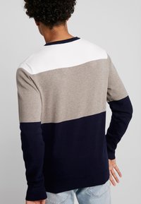 Crewneck-Sweater in Creme, Taupe und Marineblau gestreift. Weicher Strick mit gerippten Bündchen und Saum, mit einem Farbblockdesign.