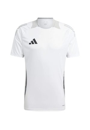 Witte sportshirt met korte mouwen, grijze accenten op de schouders, Adidas-logo in het zwart op de voorkant, gemaakt van vochtafvoerend materiaal.