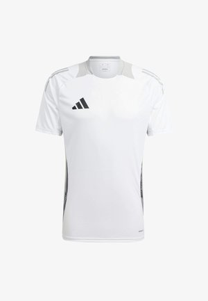 Witte sportshirt met korte mouwen, grijze accenten op de schouders, Adidas-logo in het zwart op de voorkant, gemaakt van vochtafvoerend materiaal.