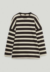 Camicia a maniche lunghe a strisce nera e crema con scollatura a V e spalle scese, realizzata in tessuto morbido, con ampie linee orizzontali.