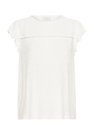 Weißes Kurzarmoberteil mit Rüschensaum, das ein strukturiertes Muster und subtile Lochdetails auf dem Stoff aufweist. Runder Ausschnitt.