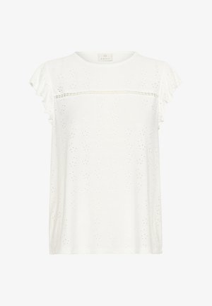 Witte top met korte mouwen en gerimpelde randen, met een gemêleerd patroon en subtiele gaatjes in de stof. Ronde halslijn.