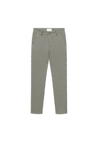 Fekete-fehér houndstooth mintás ellenőrzött nadrág, rugalmas derékkal és egyenes szárszelettel. Puha szövettextúra.