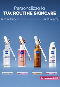 Quattro sieri per la cura della pelle NIVEA su sfondo blu: liquido trasparente in una bottiglia con contagocce, siero rosa, siero di vitamina C arancione e flacone bianco con pompetta e cappuccio protettivo.