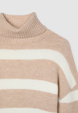 Maglione a collo alto beige e bianco a righe, con colletto a costine e una morbida trama di tessuto accogliente.