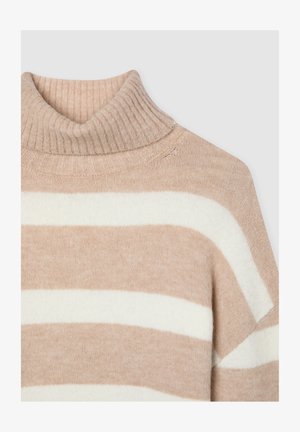 Maglione a collo alto beige e bianco a righe, con colletto a costine e una morbida trama di tessuto accogliente.