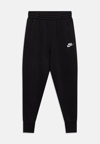 Mustat Nike-housut, joissa on joustava vyötärö, sivutaskut ja valkoinen logo vasemmassa reidessä. Lahkeet ovat resorilla, sileä pinta.