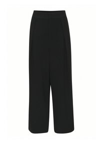 Pantalon noir à jambes larges avec une texture lisse, taille mi-haute, et des plis avant repliés. Les jambes tombent en dessous du genou.