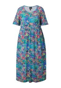 Midi-kjole med korte ærmer i en livlig og farverig blomstermønster samt en indsnævret talje, med rund halsudskæring.