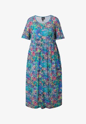 Sukienka midi z krótkim rękawem, w żywy, wielokolorowy kwiatowy wzór, z marszczoną talią i okrągłym dekoltem.