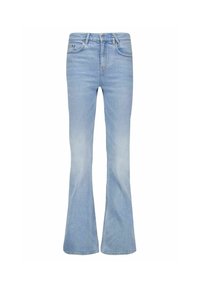 Jean flare en denim de couleur bleue. Lavage clair avec une texture lisse, doté d'une fermeture à bouton, de passants de ceinture et d'un design classique à cinq poches.