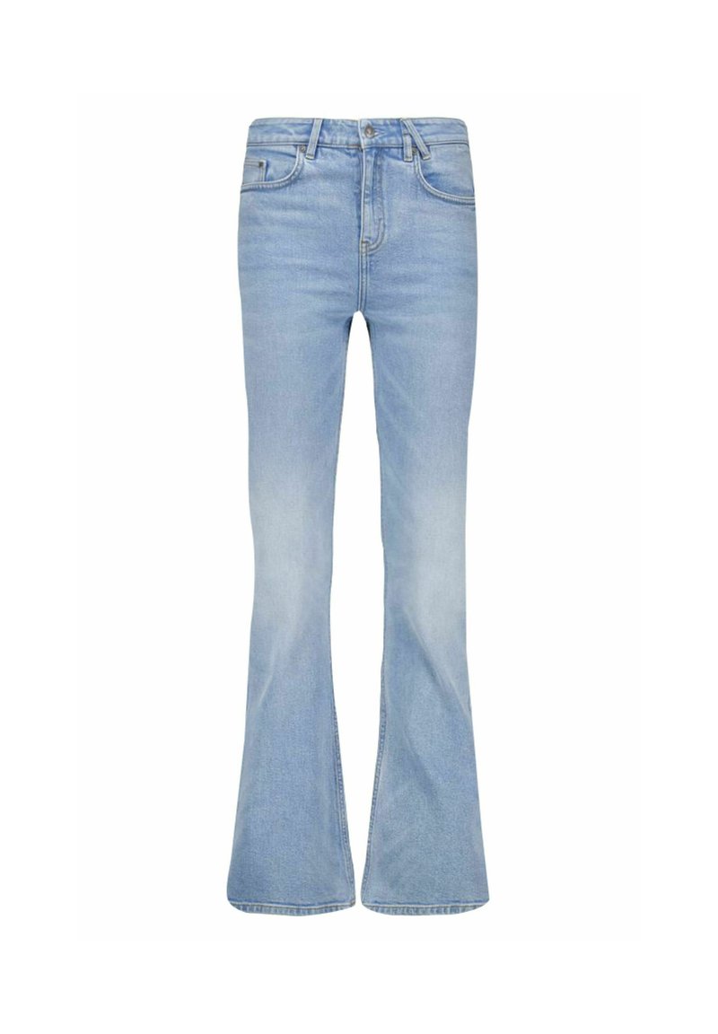 Jean flare en denim de couleur bleue. Lavage clair avec une texture lisse, doté d'une fermeture à bouton, de passants de ceinture et d'un design classique à cinq poches.