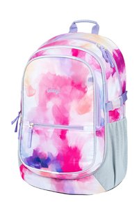 Batoh na stažení s pastelovým akvarelovým vzorem v růžové, fialové a smetanové barvě. Hladká tkanina s šedým texturovaným dnem a zipy.