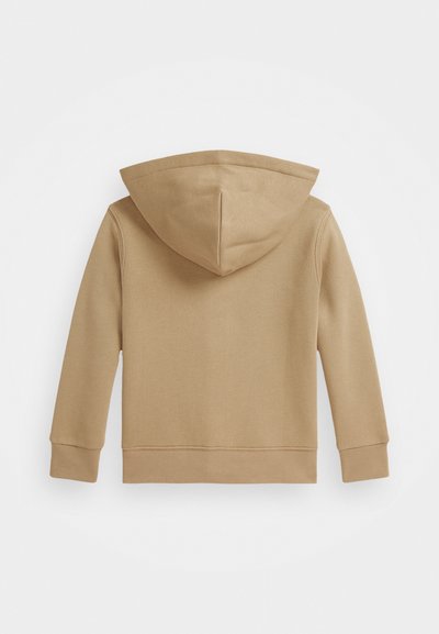 Khaki hooded sweatshirt with a textured fabric, long sleeves, and a kangaroo pocket. Features ribbed cuffs and hem.