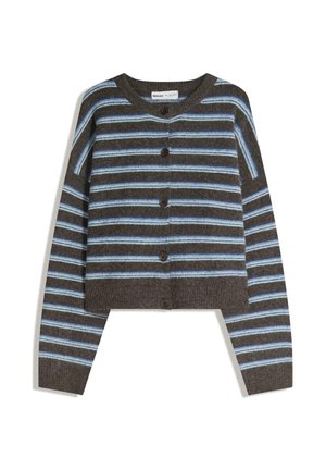 Cardigan boutonné à rayures horizontales marron, bleu et blanc, manches longues et col rond, posé à plat sur un fond blanc.