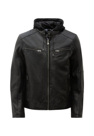 Zwarte leren jas met rits aan de voorkant, twee horizontale borstzakken met rits, zijzakken met rits en een vastzittende zwarte capuchon met trekkoorden.