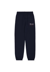 Marineblaue Baumwoll-Sweatpants mit einem elastischen Bund und Bündchen. Auf der linken Seite befindet sich ein kleines Logo von Champion in Weiß und Rot.