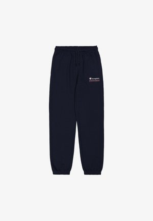 Marineblauwe katoenen sweatpants met een elastische tailleband en boorden. Voorzien van een klein wit en rood Champion-logo aan de linkerkant.