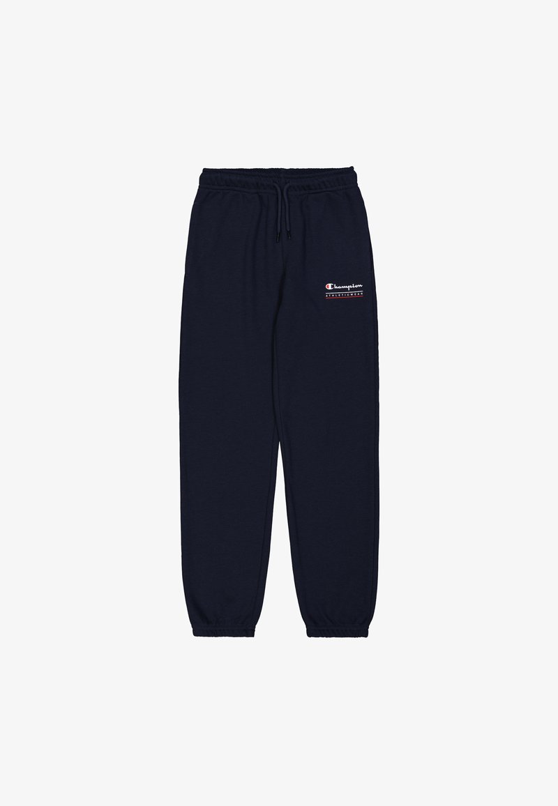 Marineblaue Baumwoll-Sweatpants mit einem elastischen Bund und Bündchen. Auf der linken Seite befindet sich ein kleines Logo von Champion in Weiß und Rot.